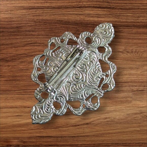 Vintage Silver-Tone Brooch With Faux Pearl Center & Mother Of Pearl Floral Accen - Picture 3 of 10